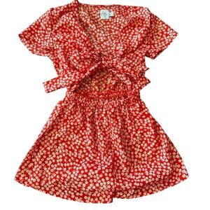 Polly Red Floral Tie Front Romper Boho Summer Shorts Size XS